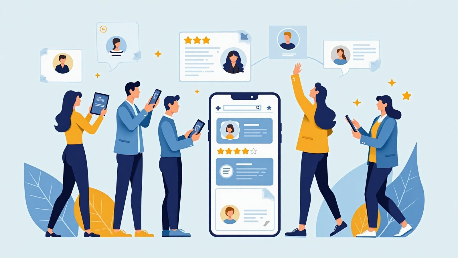 People leaving 5-star reviews on mobile devices